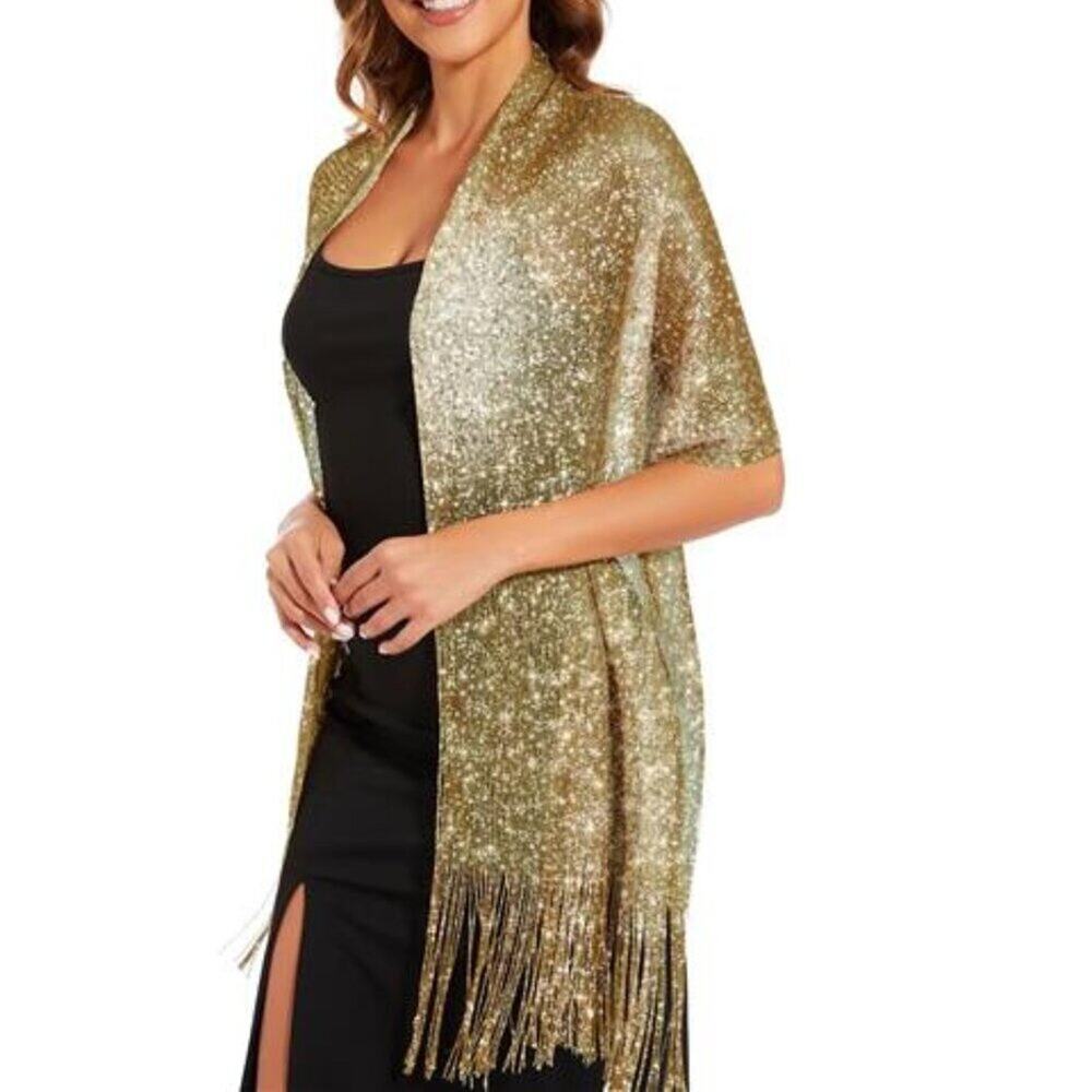 Gold Sparkling Metallic Shawls and Wraps with Buckle, for Evening Dresses Party
